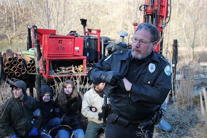 Protesters in front of the Williams Partners drill in Conestoga Township prior to being arrested.  Credit: Michelle Johnsen